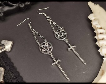 Occult sword earrings with pentagram // Occult earrings, witch earrings, witch jewelry, gothic earrings, gothic jewelry, witch, magic, wicca