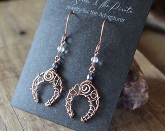 Crescent moon earrings | Copper | Beaded drop Earrings