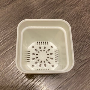 May include: White plastic square plant pot with drainage holes. The pot has a raised lip around the top edge.
