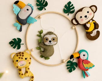 Rainforest Nursery Decor, Handmade Jungle Baby Mobile – Felt Safari Animals Crib Mobile, Baby Shower Gift, Neutral Nursery Mobile
