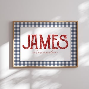 Vintage Americana Nursery Print: Custom Baby Name, Gingham Wall Art (Digital Download)