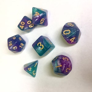 Aqua purple blue , Sparkle stars Dungeons and Dragons Dice, Polyhedral dice set, RPG dice, Dnd dice,  D&D dice, Role Playing dice set