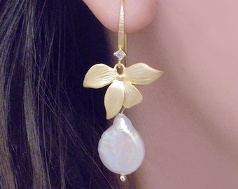 Baroque Pearl Earrings Gold, Pearl Bridal Earrings, Pearl Wedding Earrings, Gold Orchid Earrings Pearl, Pearl Orchid Earrings, Gift Woman