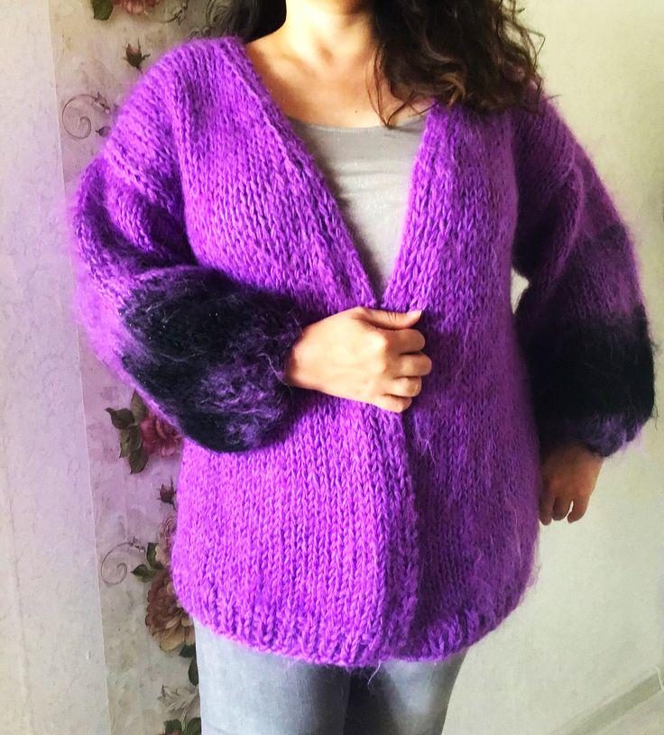 Purple Mohair Cardigan, Purple Black Cardigan, Unisex Gift