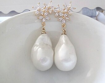 Baroque Pearl Gold Orchid Earrings: Vintage Style Wedding Jewelry