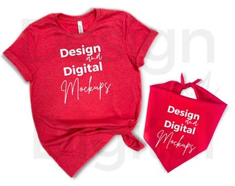 Bella Canvas 3001 Mockup con bandana per cani / T-shirt rossa mélange in versione piatta / Maglietta di San Valentino / Mockup per cani / Download digitale