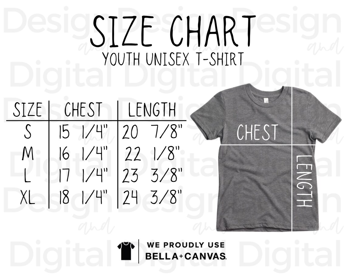 Youth Bella Canvas 3001Y Size Chart Shirt Size Chart Bella - Etsy