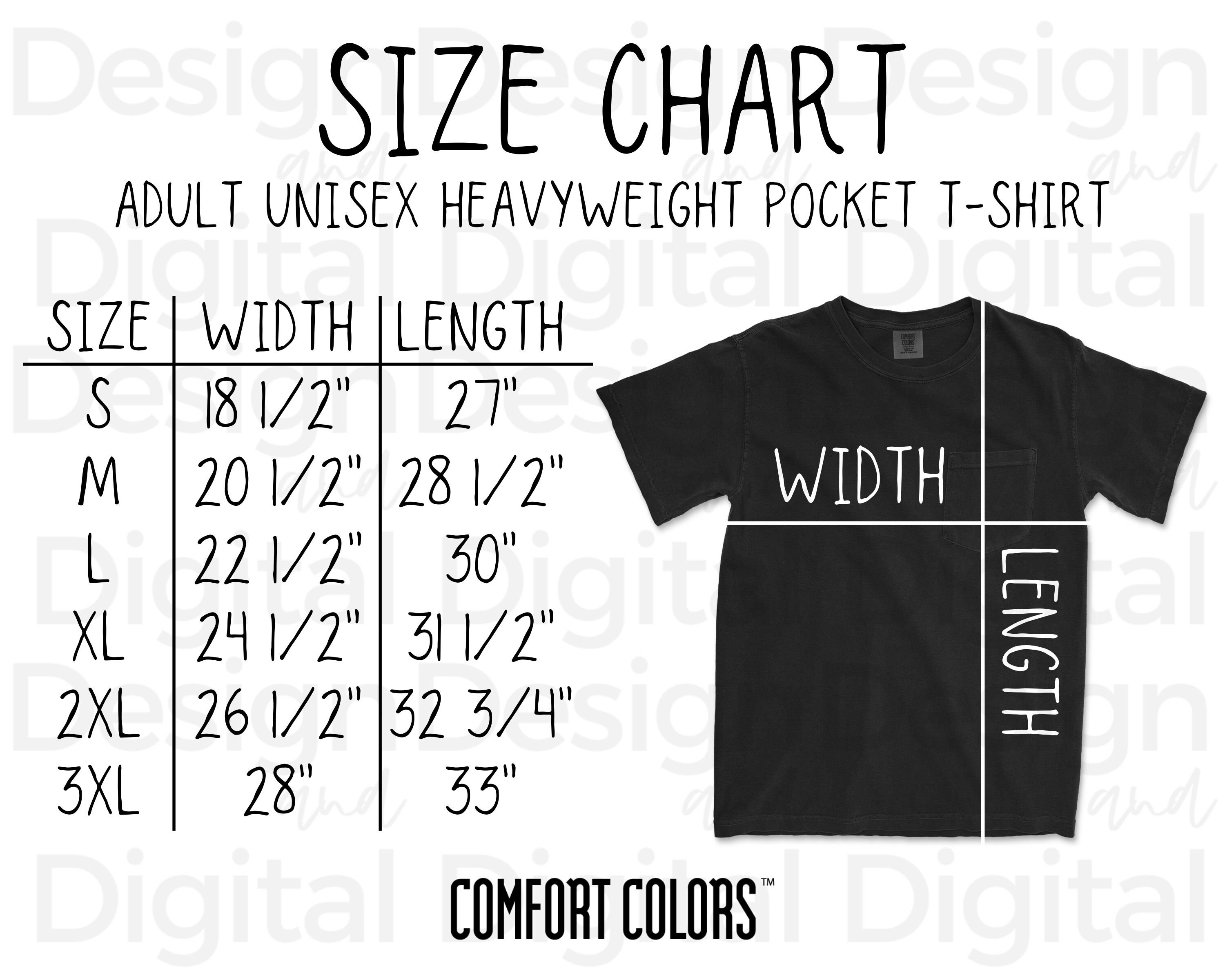 comfort colors pocket tee size chart