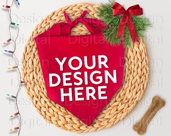 Holiday Dog Bandana Mockup / Festive Dog Bandana Mockup / Christmas Dog Mockup / Winter Dog Bandana / Red Dog Bandana / Xmas Bandana Mockup