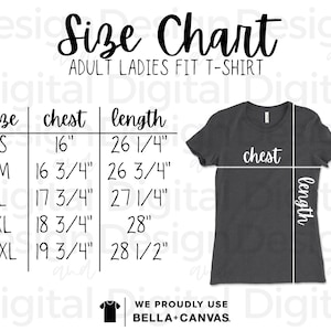 Bella Canvas 6004 Size Chart | Ladies Favorite T-Shirt Size Chart | Bella Canvas 6004 Mockup | Bella Canvas Sizes | T-Shirt Sizing Chart