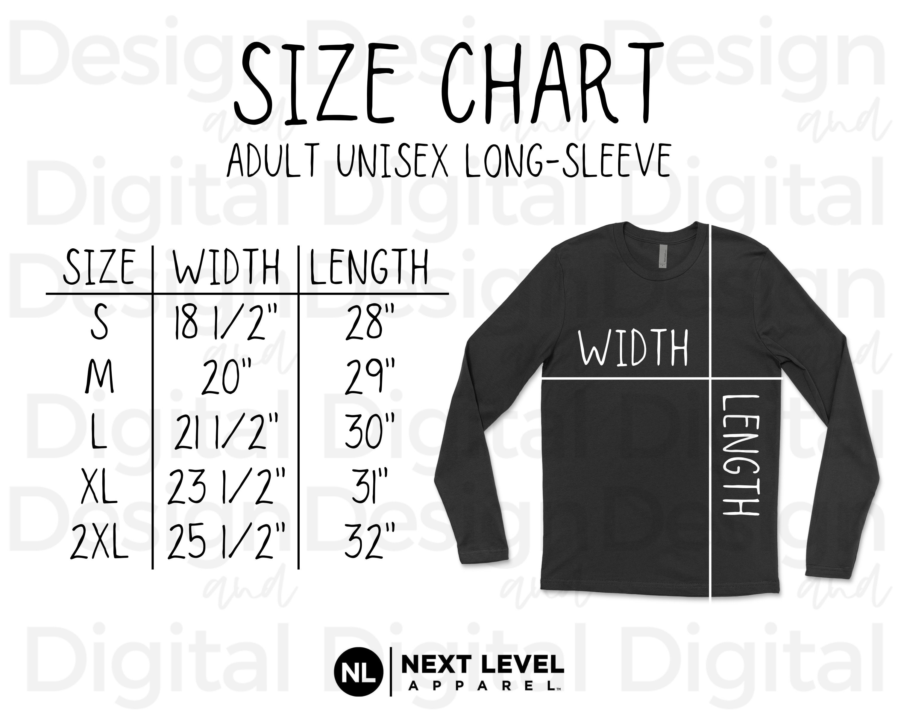 Next Level 3601 Size Chart Next Level Adult Unisex | Etsy
