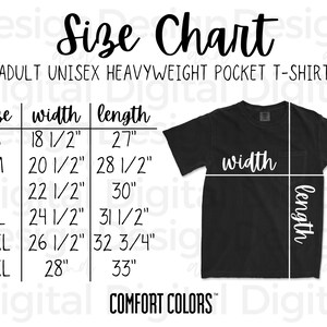 comfort colors pocket tee size chart