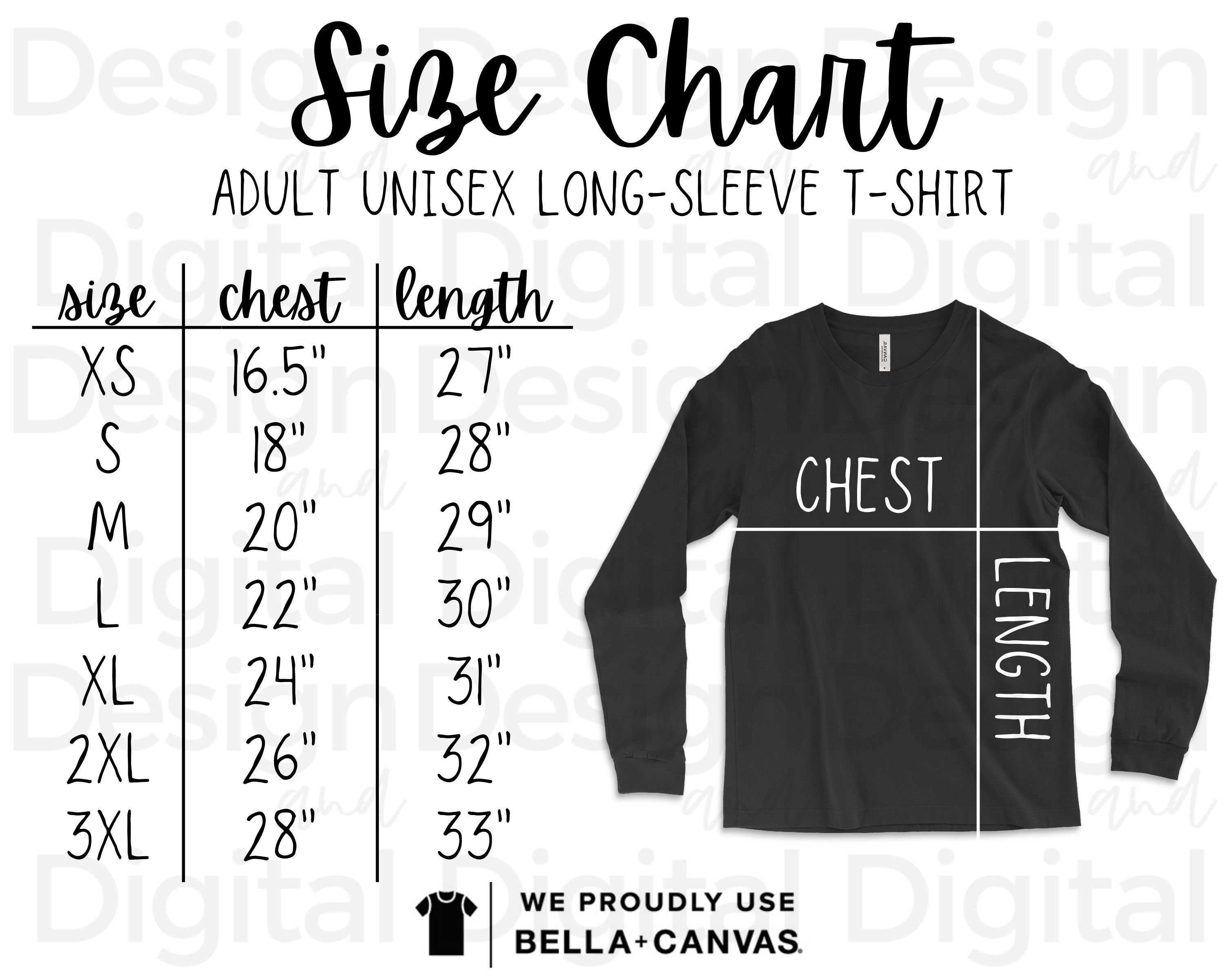 Bella Canvas 3501 Size Chart Unisex Longsleeve Size Chart Etsy Australia