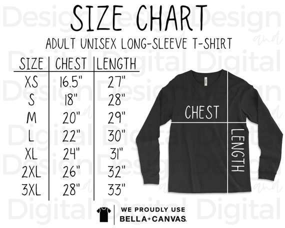 bella canvas long sleeve size chart
