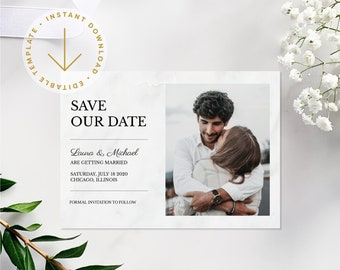 Modern Wedding Save the Date Card Template | Printable Editable Save Our Date Card | DIY Marble Templett Instant Download | Set In Stone