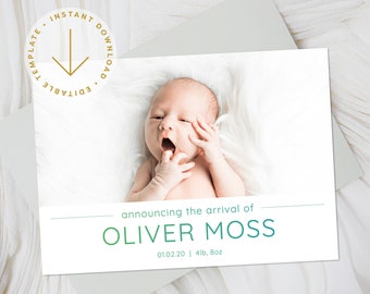 Birth Announcement Card Template | Baby Announcement | Printable Editable Newborn DIY Templett Instant Download | Blue & Green