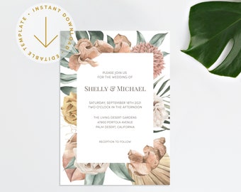 Bohemian Tropical Wedding Invitation Template | Wedding Invite Printable Editable | Floral DIY Templett Instant Download | Boho Tropical