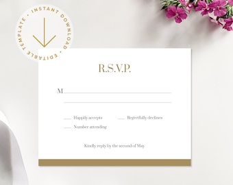 Gold Typographic Wedding RSVP Card Template | Minimal Printable Editable Response Card | DIY Templett Instant Download | Band of Gold