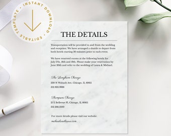 Modern Wedding Details Card Template | Printable Editable Wedding Information Card | DIY Marble Templett Instant Download | Set In Stone