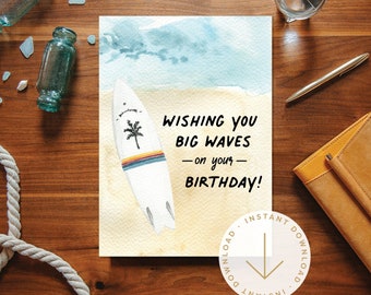 Printable Birthday Card | Surfing | Greeting Card for Boyfriend | Birthday Card for Son | Ocean | Beach | Instant Download | Surfboard