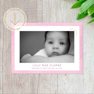 Birth Announcement Card Template | Baby Announcement | Printable Editable Newborn DIY Templett Instant Download | Pink Pastel