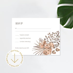 Boho tropische bruiloft RSVP-kaartsjabloon | Afdrukbare bewerkbare responskaart | Bloemen DIY Templett Instant Download | Boho Tropisch