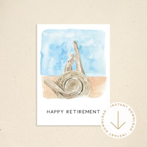 Carte de voeux imprimable Retraite Heureuse retraite Téléchargement instantané Impression à la maison Amateur de plage Cadeau de retraite aquarelle à la plage