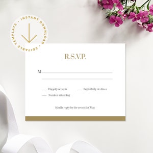 Gouden typografische RSVP-kaartsjabloon voor bruiloft | Minimale afdrukbare bewerkbare responskaart | DIY Templett direct downloaden | Band van goud