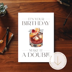 Biglietto di auguri di compleanno stampabile / Old Fashioned / Biglietto di auguri per il fidanzato / Biglietto di auguri di compleanno per il marito / Doppio / Download immediato / Cocktail