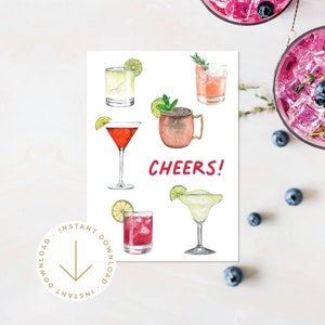 Afdrukbare felicitatiekaart | Proost wenskaart | Feestelijk trots op jou | Kaart voor vriend | Verjaardag | Direct downloaden | Cocktails