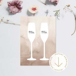 Afdrukbare mevrouw & mevrouw Gefeliciteerd trouwkaart | Wenskaart | Huwelijk van hetzelfde geslacht | Lesbische trouwkaart | Direct downloaden | Champagne