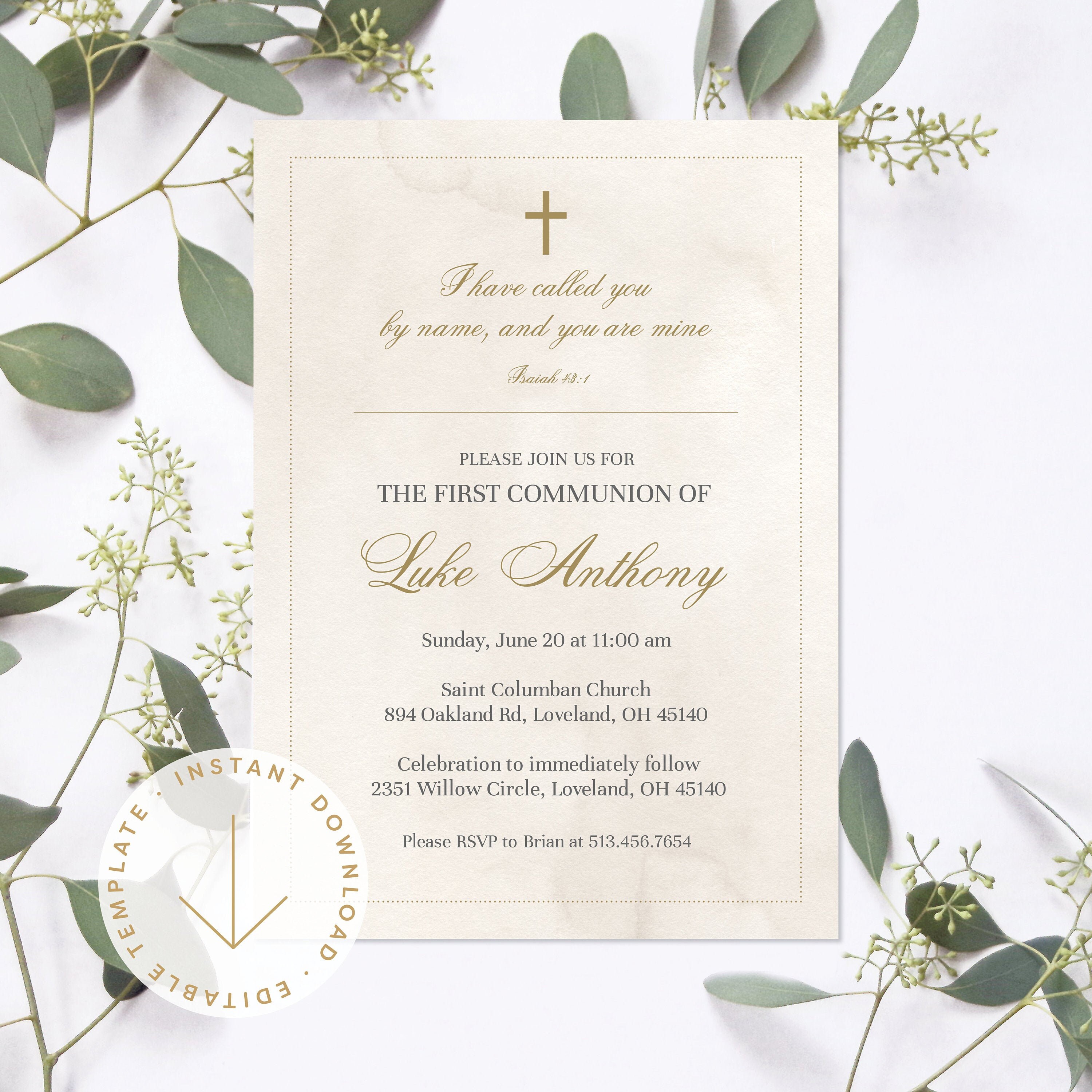 First Communion Invitation Bible Verse Cross Holy Etsy