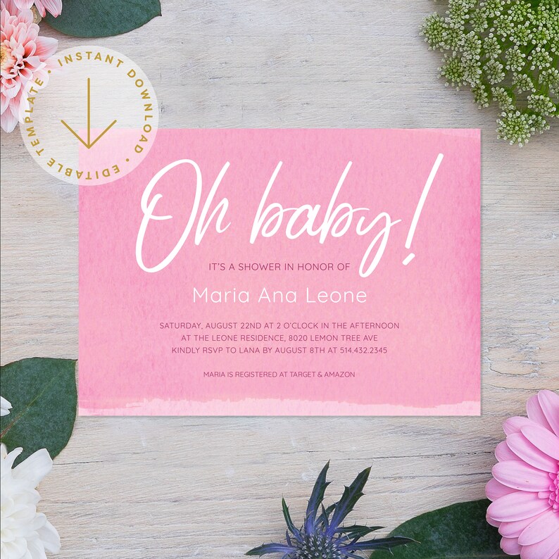 Pink Watercolor Baby Shower Invitation Template Printable Baby Shower