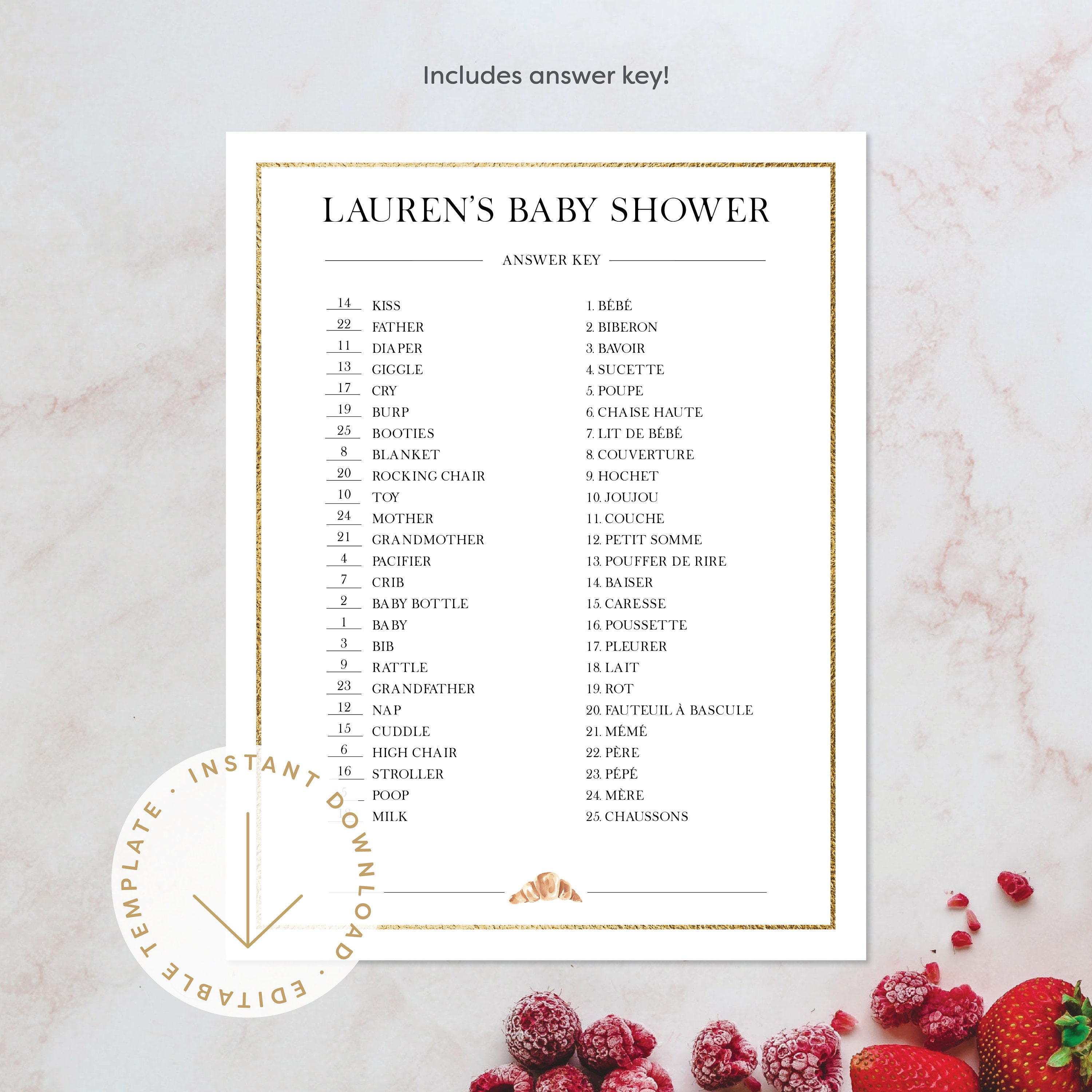 French Baby Shower Game | French Word Matching Game | Printable Baby ...