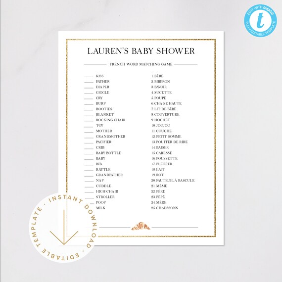 French Baby Shower Game French Word Matching Game Printable Baby Shower  Game Gender Neutral Templett Instant Download Croissant 