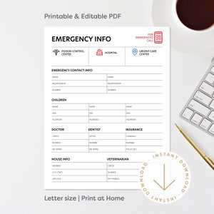 Hoja de contacto de emergencia Formulario PDF imprimible para niñera, niñera Información en tamaño carta para niñera Información importante Cuidado de niños