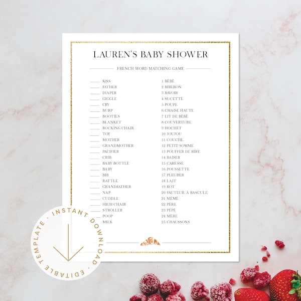 French Baby Shower Game | French Word Matching Game | Printable Baby Shower Game | Gender Neutral | Templett Instant Download | Croissant