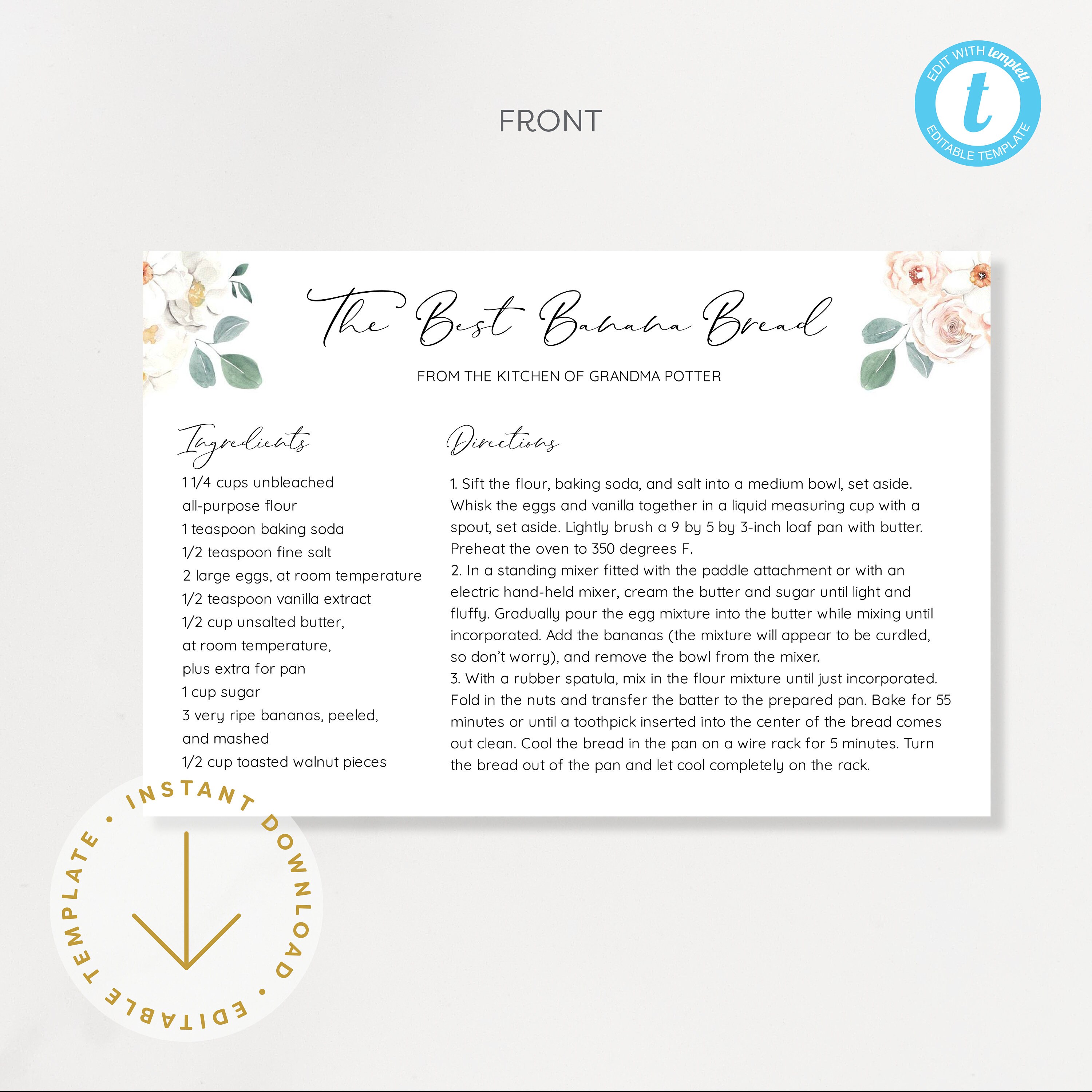 Recipe Cards Printable Editable Recipe Card 4x6 Instant Download Bridal ...