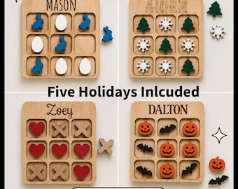 Puede incluir: Cuatro tableros de tres en raya de madera con los nombres Mason, Aiden, Zoey y Dalton. Cada tablero incluye piezas de juego estacionales como conejos azules, huevos blancos, árboles verdes, copos de nieve blancos, corazones rojos, formas de X de madera, calabazas naranjas y murciélagos negros.