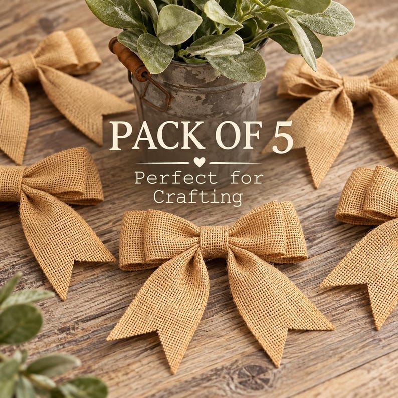 May include: A pack of five tan burlap bows with a woven texture, arranged around a gray metal bucket containing green foliage. The text PACK OF 5 and Perfect for Crafting is printed in white in the center of the image.