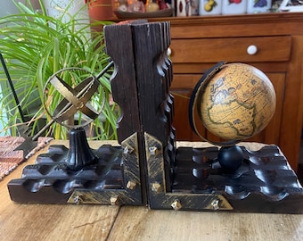 Vintage MCM Old World Bookend Set, Globe and Sundial, Made in Spain, Rare