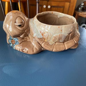 Vintage 1970s Drip Glaze Turtle Planter