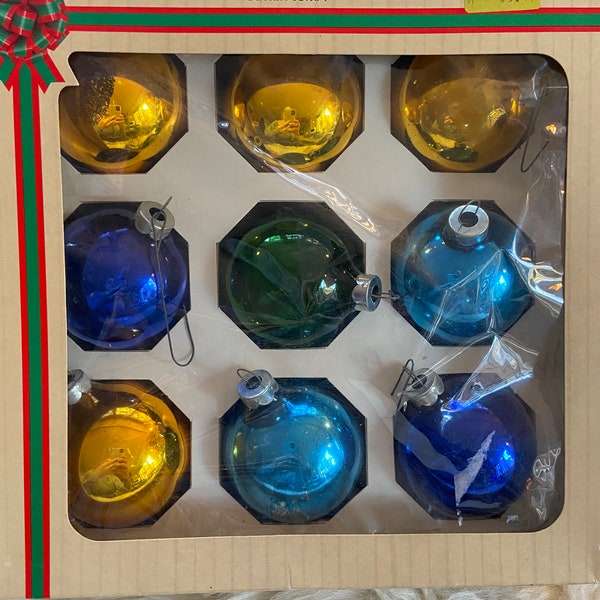 Vintage Set of 9 Noma DOUBL*GLO Glass Christmas Ornaments, 1960s, Canada, rare