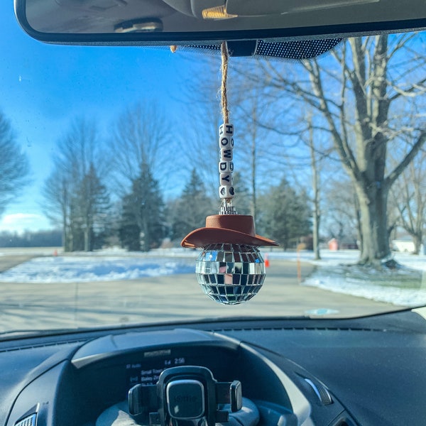 Handmade cowboy sparkly disco ball rearview mirror car charms | western gift | cowboy hat cute car charm | hanging car mirror accessory