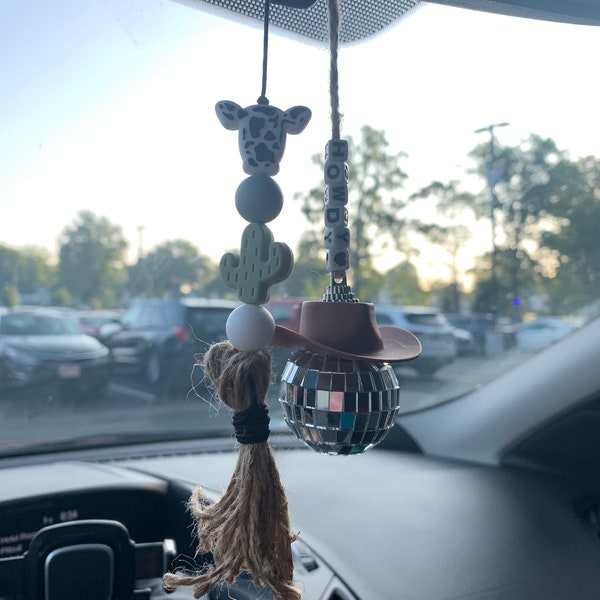 Handmade western boho beaded rearview mirror car charm accessory | western car decor cowgirl gifts | hanging cow cactus mirror charm