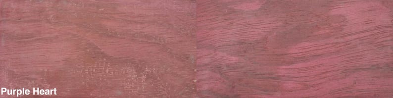 May include: Close-up of a piece of Purple Heart wood, displaying a rich, reddish-purple hue with visible wood grain patterns. The text "Purple Heart" is visible in the lower left corner.
