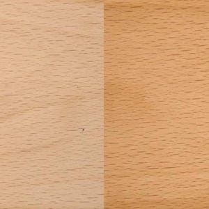May include: Close-up of two sections of European Beech wood. The left side shows a lighter, more uniform color, while the right side is darker with more visible grain. The text "European Beech" is at the bottom left.