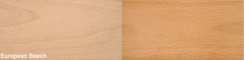May include: Close-up of two sections of European Beech wood. The left side shows a lighter, more uniform color, while the right side is darker with more visible grain. The text "European Beech" is at the bottom left.