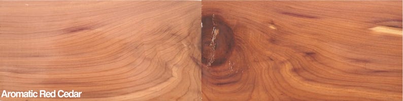 May include: Close-up of aromatic red cedar wood grain. The wood has a reddish-brown color with visible knots and swirling patterns. The text "Aromatic Red Cedar" is visible at the bottom left of the image.
