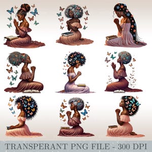 May include: Nine digital illustrations of women of color praying with butterflies surrounding them. Each woman is wearing a different dress and has a different hairstyle. They are all holding a book in their hands.